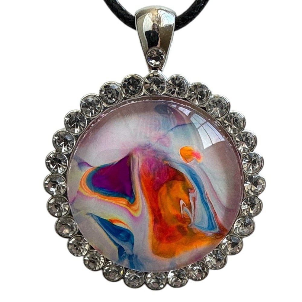 Rainbow Fluid Art Rhinestone Pendant Necklace Handmade by Svetlana Yeung